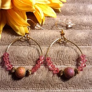 Handmade Czech Crystal Dangle Pink And Gold Pierced Earrings